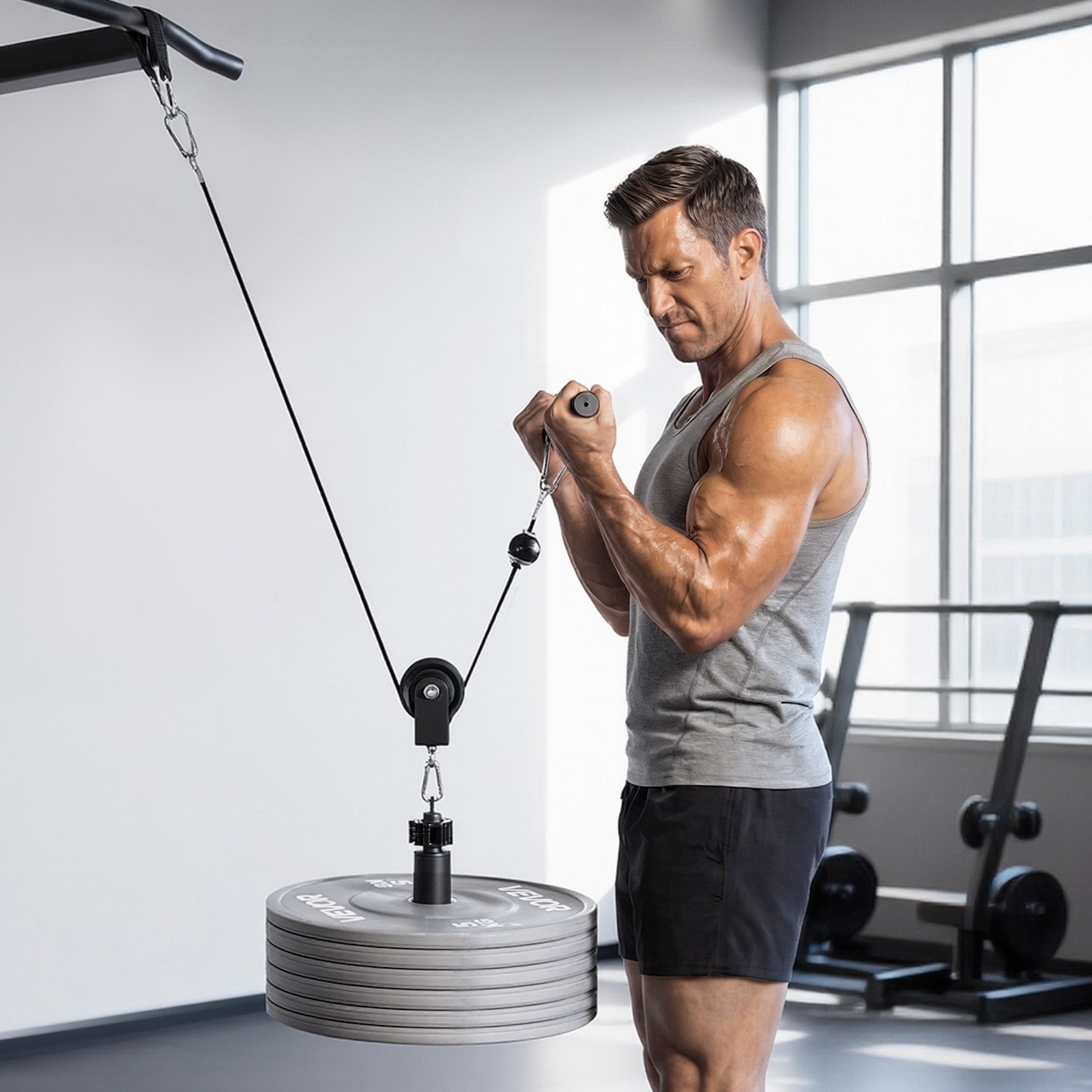 VEVOR Sistema a Carrucola da Soffitto per Lat Pulldown, Pulley da Palestra con 2 Cavi in Acciaio, Barra Corta e Maniglia, Attrezzo a Cavi per Bicipiti, Spalle, Braccio e Schiena, Capacità Max 127 kg