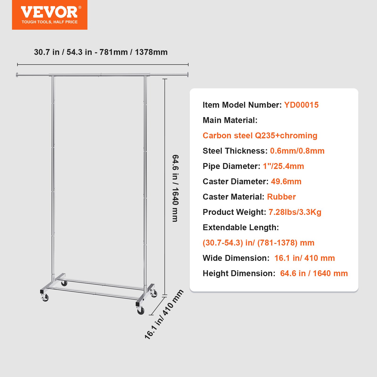 VEVOR Stand Appendiabiti a Rotelle Lunghezza Regolabile tra 781-1378 mm Barra Singola da Appendere per Camera da Letto Soggiorno, Appendiabiti in Acciaio al Carbonio Q235, Stand Appendiabiti a Rotelle