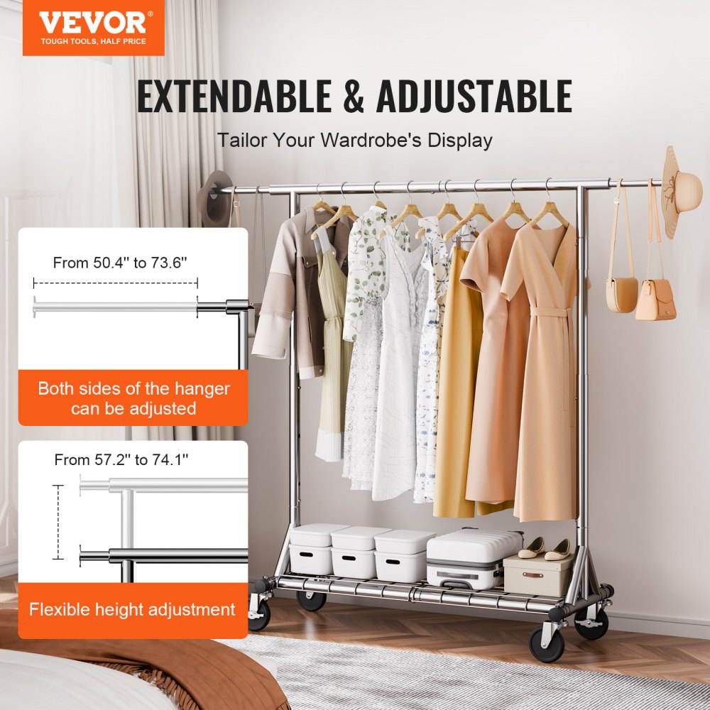 VEVOR Stand Appendiabiti a Rotelle Lunghezza Regolabile 1280 - 1870 mm Altezza tra 1452 - 1883 mm per Camera da Letto Soggiorno, Appendiabiti in Acciaio al Carbonio Q235, Stand Appendiabiti a Rotelle