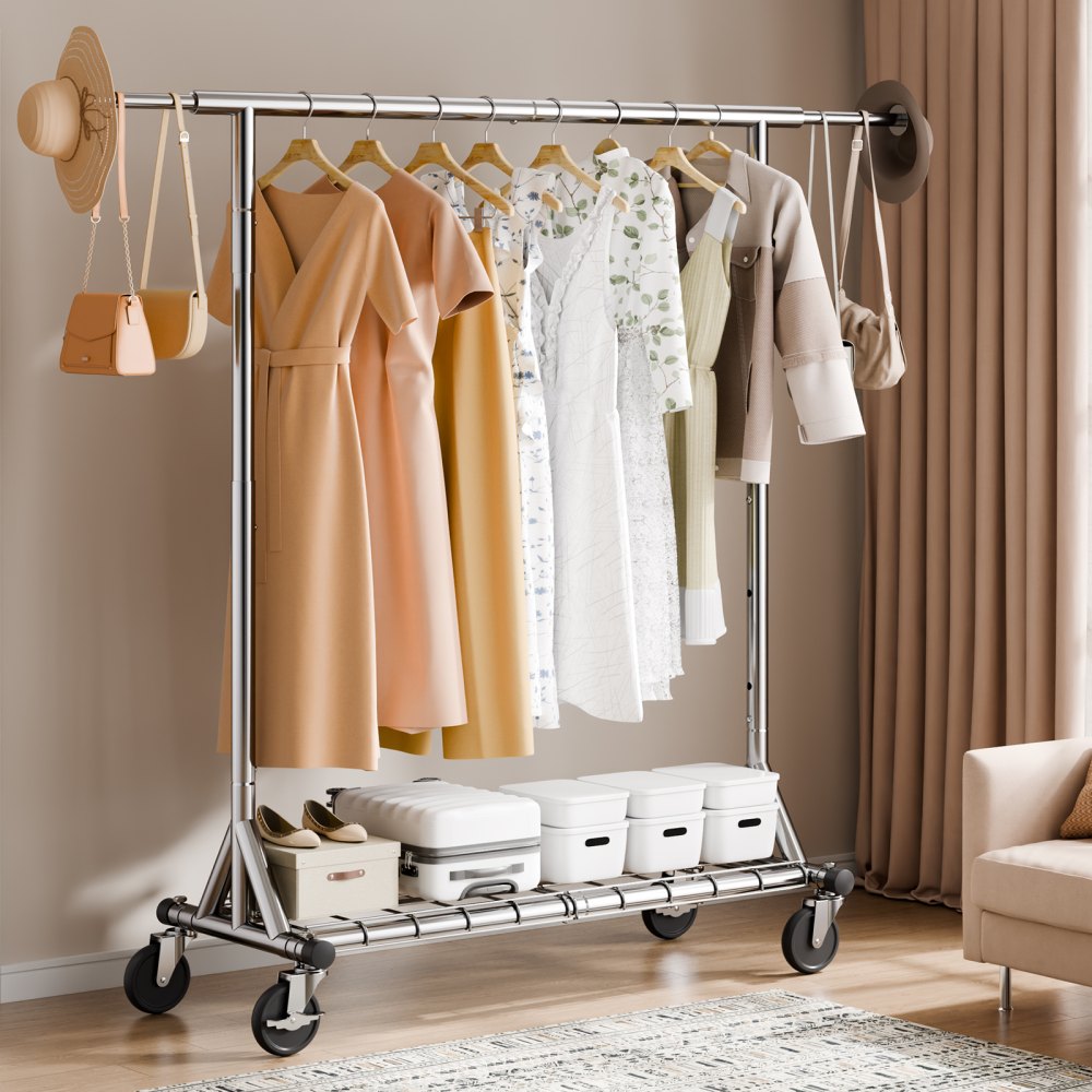VEVOR Stand Appendiabiti a Rotelle Lunghezza Regolabile 1280 - 1870 mm Altezza tra 1452 - 1883 mm per Camera da Letto Soggiorno, Appendiabiti in Acciaio al Carbonio Q235, Stand Appendiabiti a Rotelle