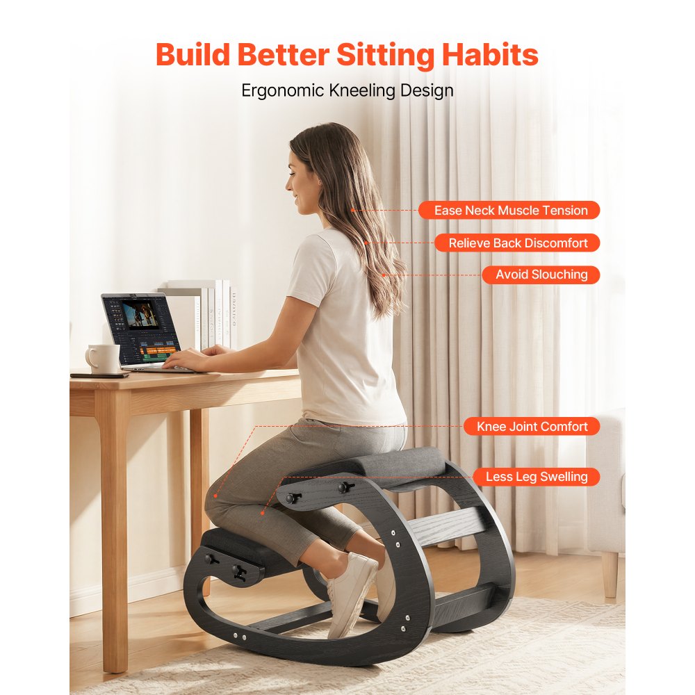 VEVOR Sedia Ergonomica a Ginocchio Altezza Regolabile Carico 120kg, Sgabello Ergonomico Inginocchiato Struttura in Legno per Sollievo di Collo Schiena Lavoro Lettura Meditazione Casa Ufficio, Nero