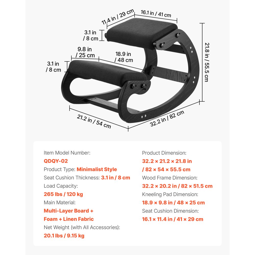 VEVOR Sedia Ergonomica a Ginocchio Altezza Regolabile Carico 120kg, Sgabello Ergonomico Inginocchiato Struttura in Legno per Sollievo di Collo Schiena Lavoro Lettura Meditazione Casa Ufficio, Nero