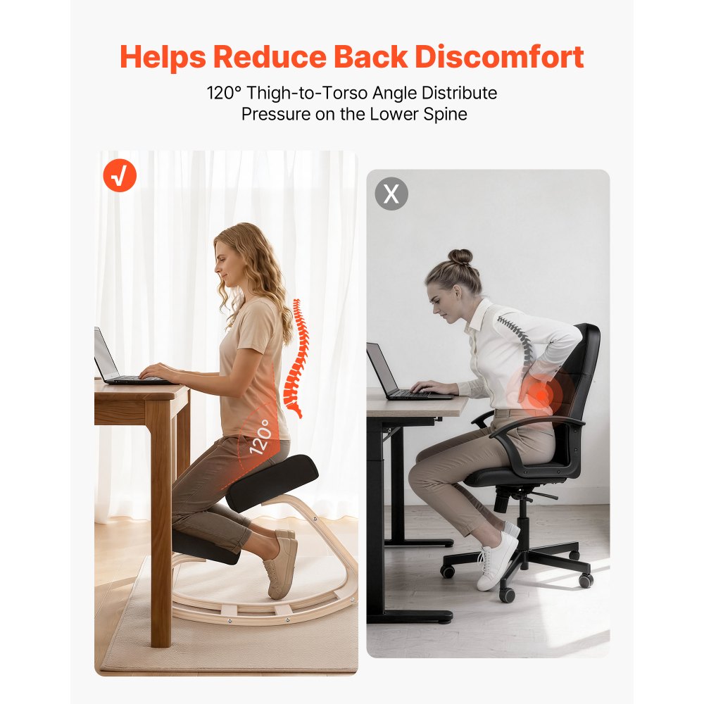 VEVOR Sedia Ergonomica a Ginocchio Cuscino in Schiuma Carico max 120 kg, Sgabello Ergonomico Inginocchiato Struttura in Legno per Sollievo Collo Schiena Lavoro Lettura Meditazione Casa Ufficio, Nero