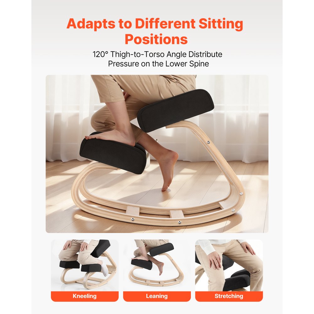 VEVOR Sedia Ergonomica a Ginocchio Cuscino in Schiuma Carico max 120 kg, Sgabello Ergonomico Inginocchiato Struttura in Legno per Sollievo Collo Schiena Lavoro Lettura Meditazione Casa Ufficio, Nero