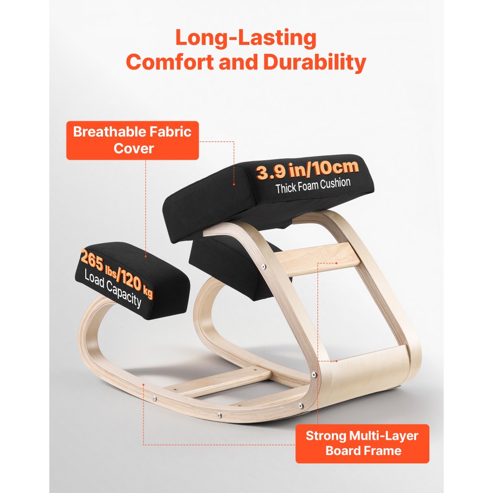 VEVOR Sedia Ergonomica a Ginocchio Cuscino in Schiuma Carico max 120 kg, Sgabello Ergonomico Inginocchiato Struttura in Legno per Sollievo Collo Schiena Lavoro Lettura Meditazione Casa Ufficio, Nero
