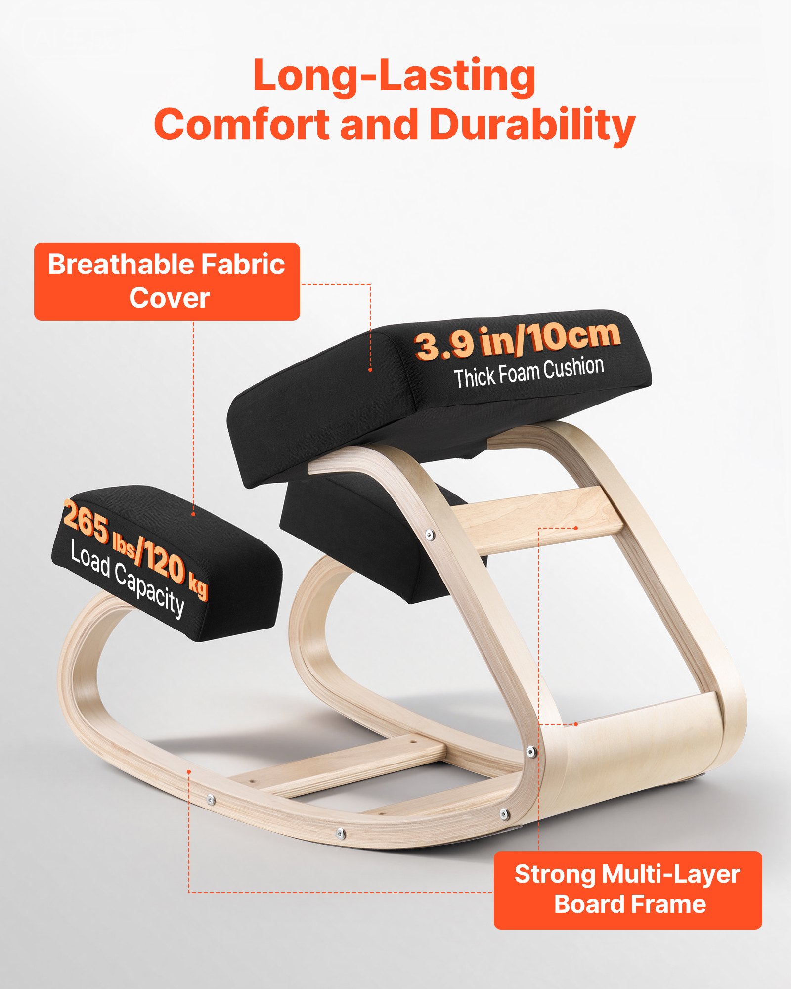 VEVOR Sedia Ergonomica a Ginocchio Cuscino in Schiuma Carico max 120 kg, Sgabello Ergonomico Inginocchiato Struttura in Legno per Sollievo Collo Schiena Lavoro Lettura Meditazione Casa Ufficio, Nero