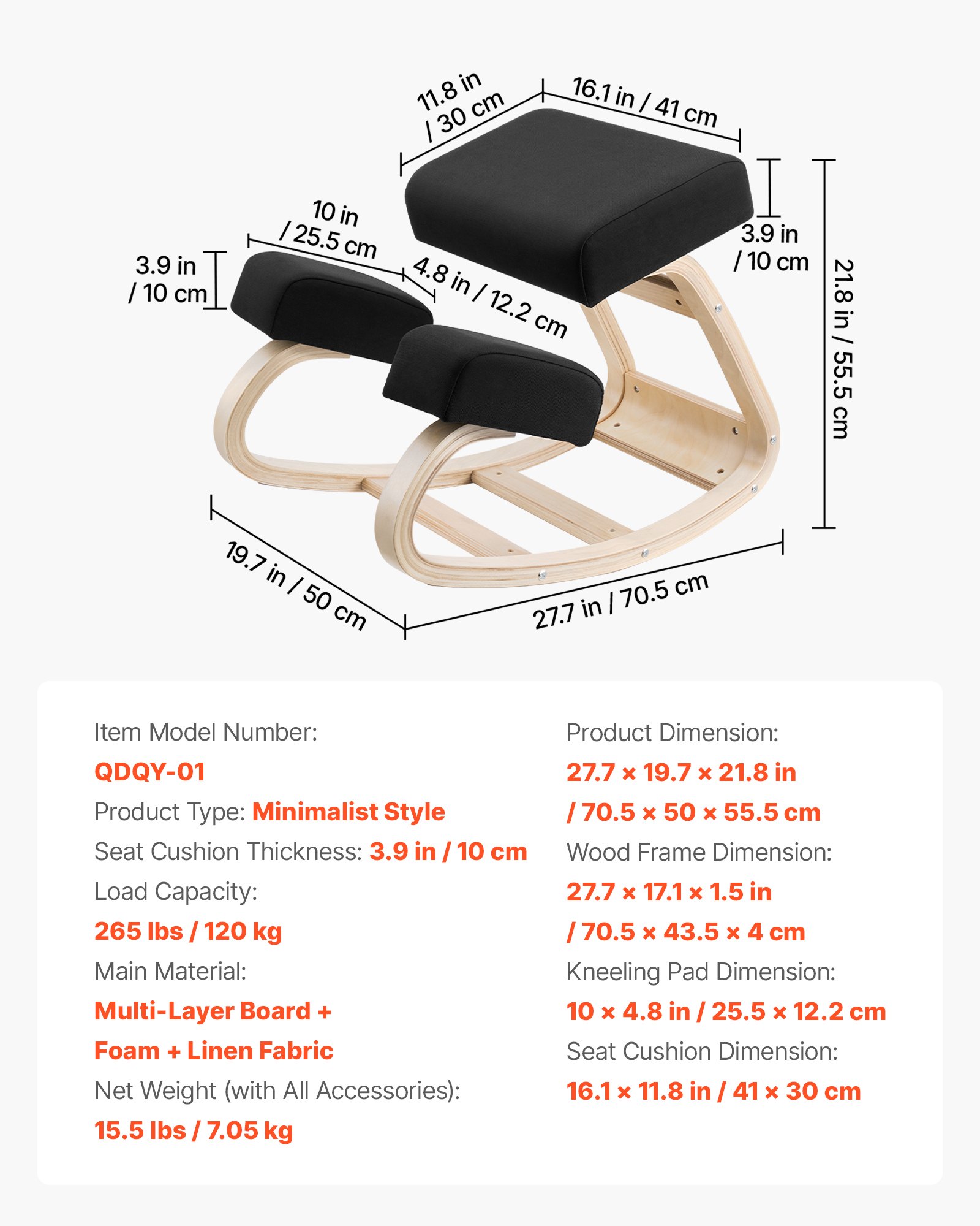 VEVOR Sedia Ergonomica a Ginocchio Cuscino in Schiuma Carico max 120 kg, Sgabello Ergonomico Inginocchiato Struttura in Legno per Sollievo Collo Schiena Lavoro Lettura Meditazione Casa Ufficio, Nero