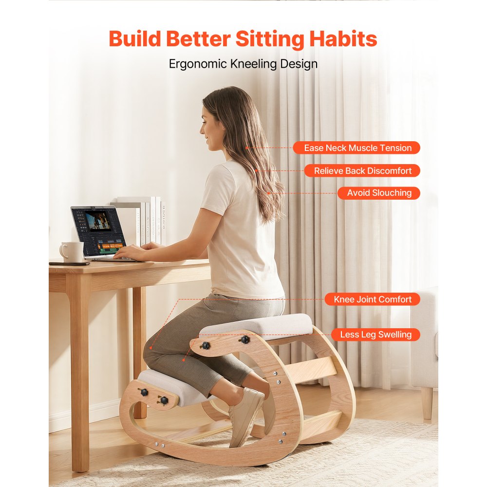 VEVOR Sedia Ergonomica da Ginocchio Cuscino in Schiuma Carico 120 kg, Sedia Inginocchiata per Scrivania Struttura in Legno, Sgabello Regolabile per Lavoro Lettura Meditazione da Casa Ufficio, Beige