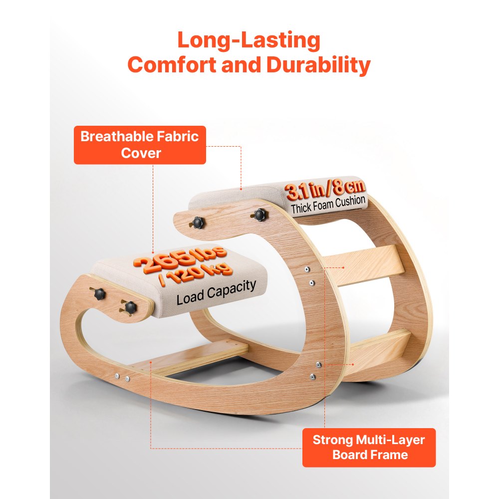 VEVOR Sedia Ergonomica da Ginocchio Cuscino in Schiuma Carico 120 kg, Sedia Inginocchiata per Scrivania Struttura in Legno, Sgabello Regolabile per Lavoro Lettura Meditazione da Casa Ufficio, Beige