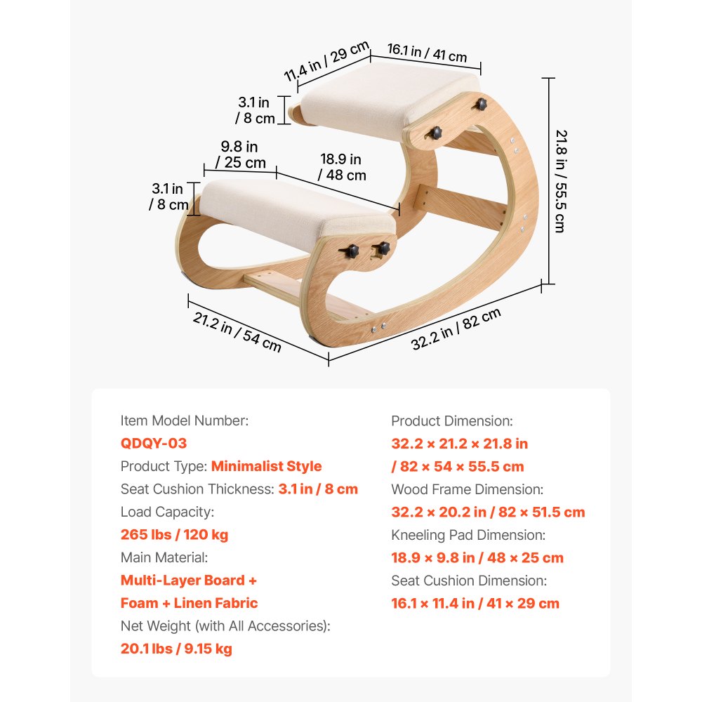 VEVOR Sedia Ergonomica da Ginocchio Cuscino in Schiuma Carico 120 kg, Sedia Inginocchiata per Scrivania Struttura in Legno, Sgabello Regolabile per Lavoro Lettura Meditazione da Casa Ufficio, Beige