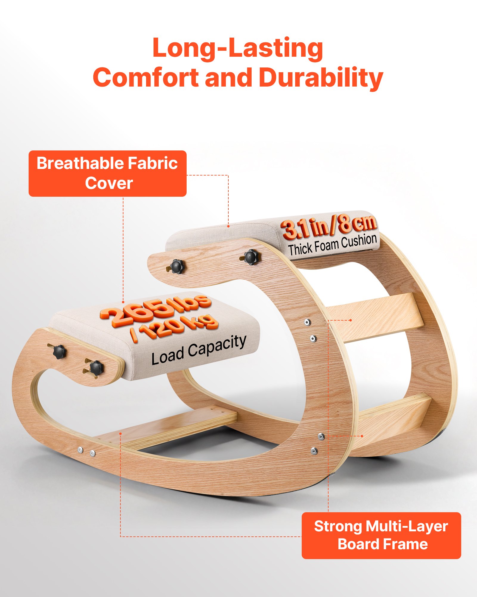 VEVOR Sedia Ergonomica da Ginocchio Cuscino in Schiuma Carico 120 kg, Sedia Inginocchiata per Scrivania Struttura in Legno, Sgabello Regolabile per Lavoro Lettura Meditazione da Casa Ufficio, Beige