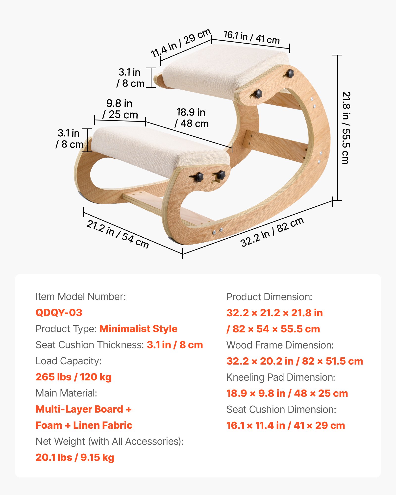 VEVOR Sedia Ergonomica da Ginocchio Cuscino in Schiuma Carico 120 kg, Sedia Inginocchiata per Scrivania Struttura in Legno, Sgabello Regolabile per Lavoro Lettura Meditazione da Casa Ufficio, Beige