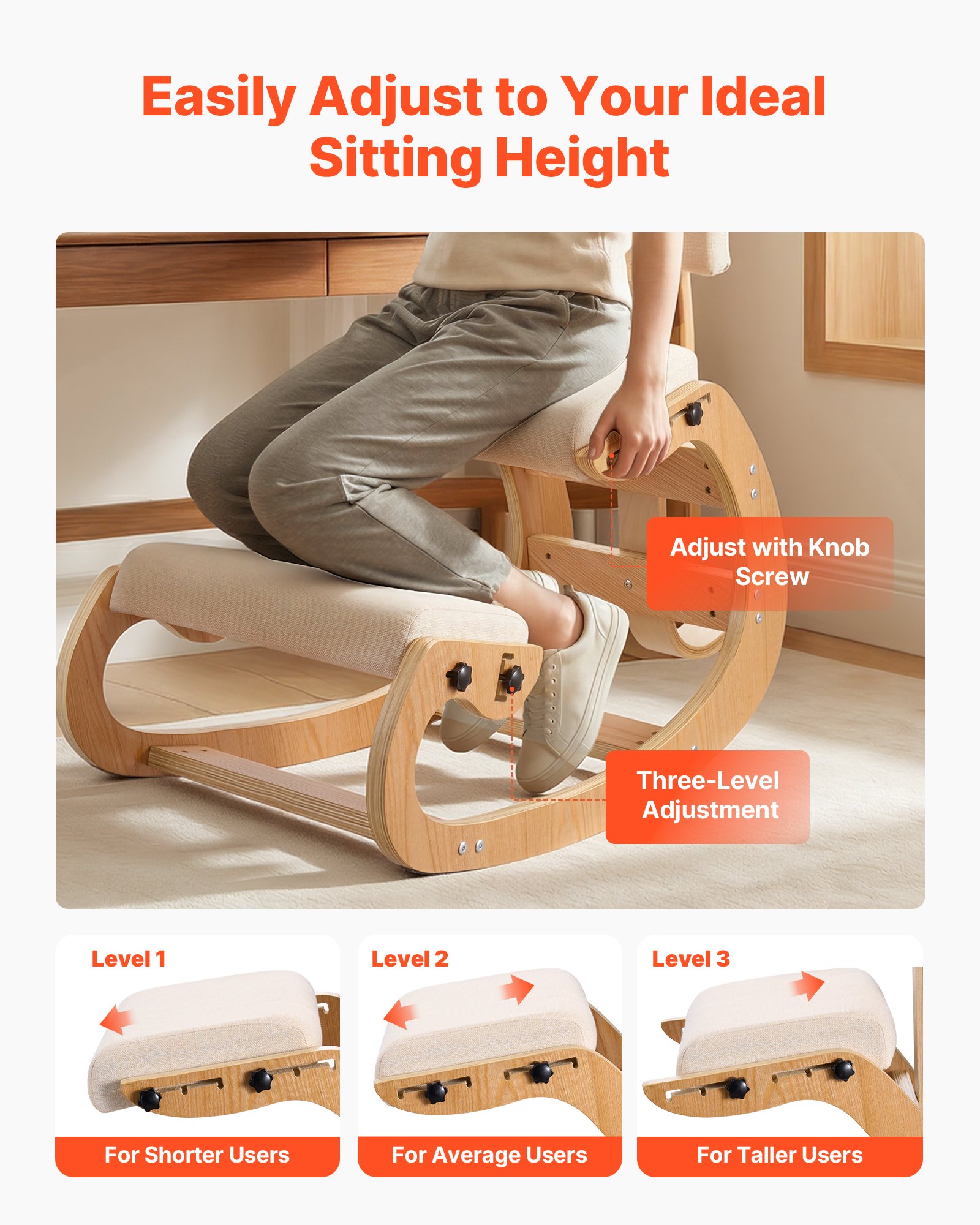 VEVOR Sedia Ergonomica da Ginocchio con Cuscino in Schiuma, Sedia Inginocchiata per Scrivania Struttura Schienale in Legno, Sgabello Regolabile per Sollievo di Collo Schiena da Ufficio Casa Lavoro