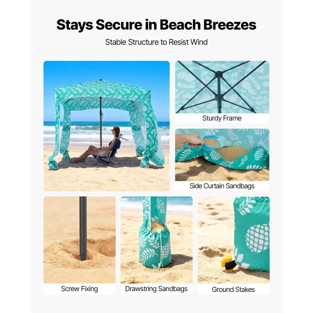 VEVOR Tenda da Spiaggia da 1830 x 1830 x 2290 mm, con Parete Laterale e Tasche per la Sabbia, Ombrellone Parasole Portatile Regolabile in Altezza per Famiglia e Amici, Verde Chiaro con Motivi