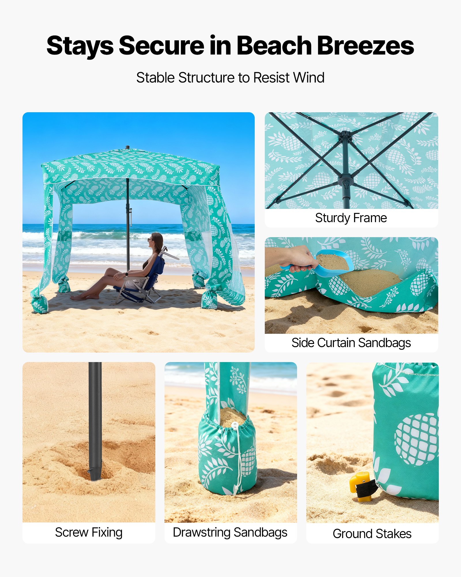 VEVOR Tenda da Spiaggia da 1830 x 1830 x 2290 mm, con Parete Laterale e Tasche per la Sabbia, Ombrellone Parasole Portatile Regolabile in Altezza per Famiglia e Amici, Verde Chiaro con Motivi