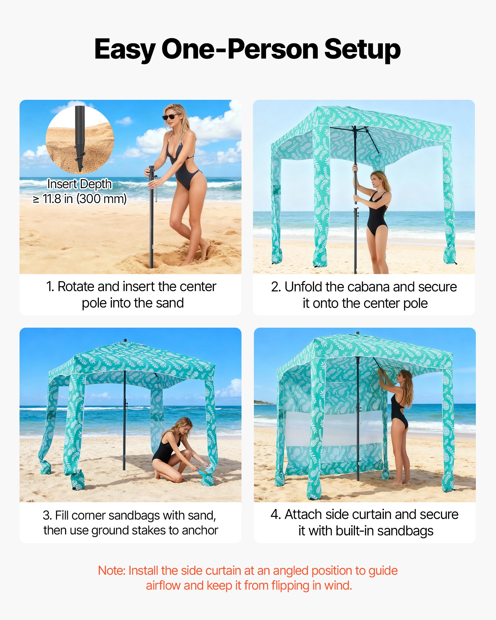 VEVOR Tenda da Spiaggia da 1830 x 1830 x 2290 mm, con Parete Laterale e Tasche per la Sabbia, Ombrellone Parasole Portatile Regolabile in Altezza per Famiglia e Amici, Verde Chiaro con Motivi