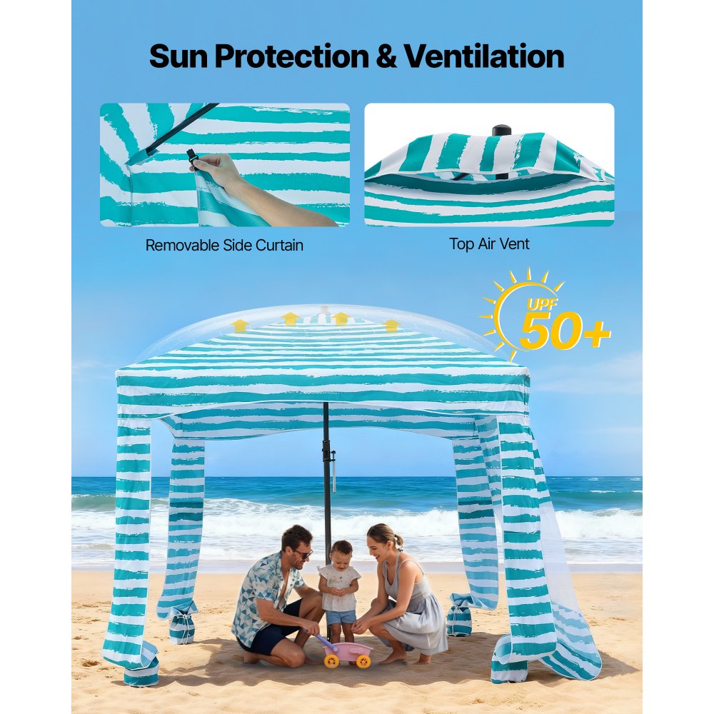 VEVOR Tenda da Spiaggia da 1830 x 1830 x 2290 mm, con Parete Laterale e Tasche per la Sabbia, Ombrellone Parasole Portatile Regolabile in Altezza per Famiglia e Amici, Verde con Striature Bianche