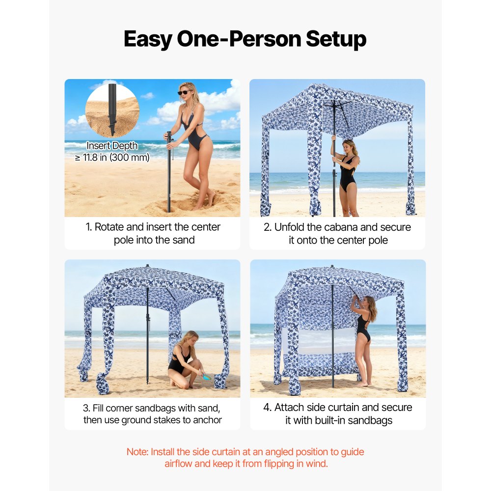 VEVOR Parasole da Spiaggia Portatile 1830 x 1830 x 2290 mm, con Parete Laterale e Tasche per la Sabbia, Ombrellone Parasole Portatile Regolabile in Altezza per Famiglia e Amici, Blu Scuro con Motivi