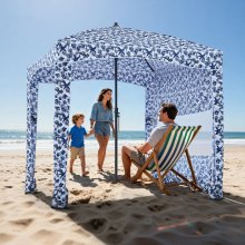 VEVOR Parasole da Spiaggia Portatile 1830 x 1830 x 2290 mm, con Parete Laterale e Tasche per la Sabbia, Ombrellone Parasole Portatile Regolabile in Altezza per Famiglia e Amici, Blu Scuro con Motivi