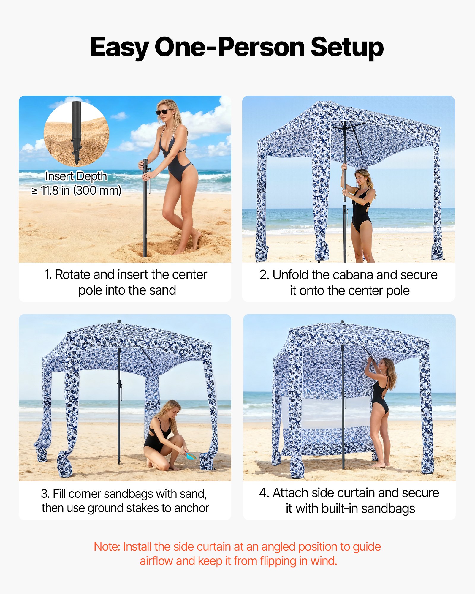 VEVOR Parasole da Spiaggia Portatile 1830 x 1830 x 2290 mm, con Parete Laterale e Tasche per la Sabbia, Ombrellone Parasole Portatile Regolabile in Altezza per Famiglia e Amici, Blu Scuro con Motivi