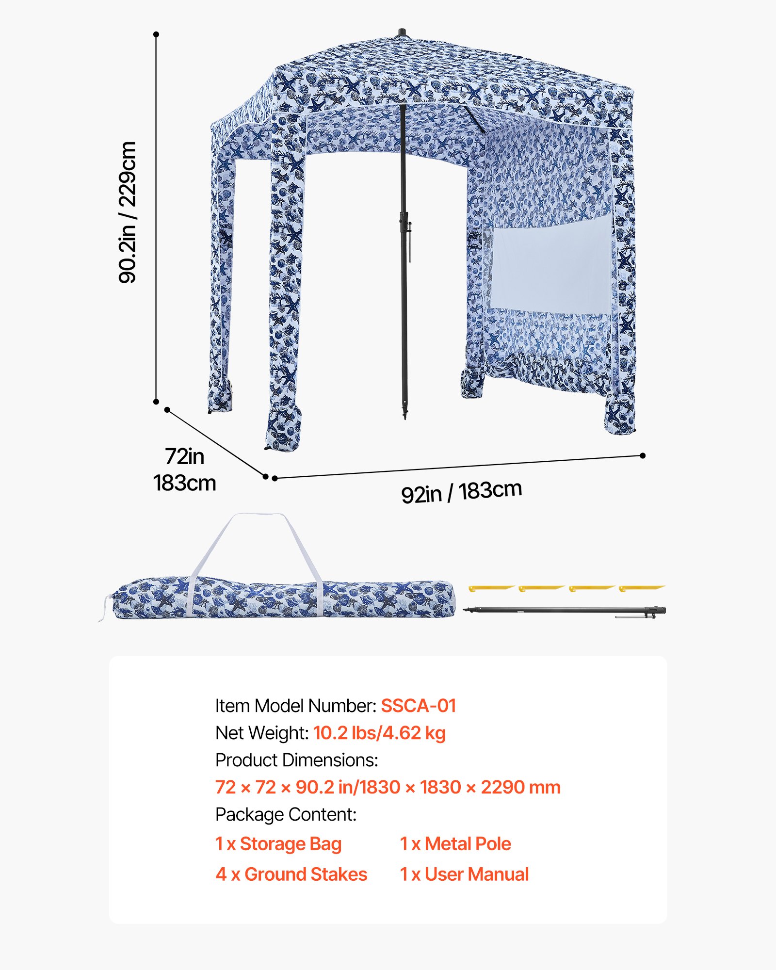 VEVOR Parasole da Spiaggia Portatile 1830 x 1830 x 2290 mm, con Parete Laterale e Tasche per la Sabbia, Ombrellone Parasole Portatile Regolabile in Altezza per Famiglia e Amici, Blu Scuro con Motivi
