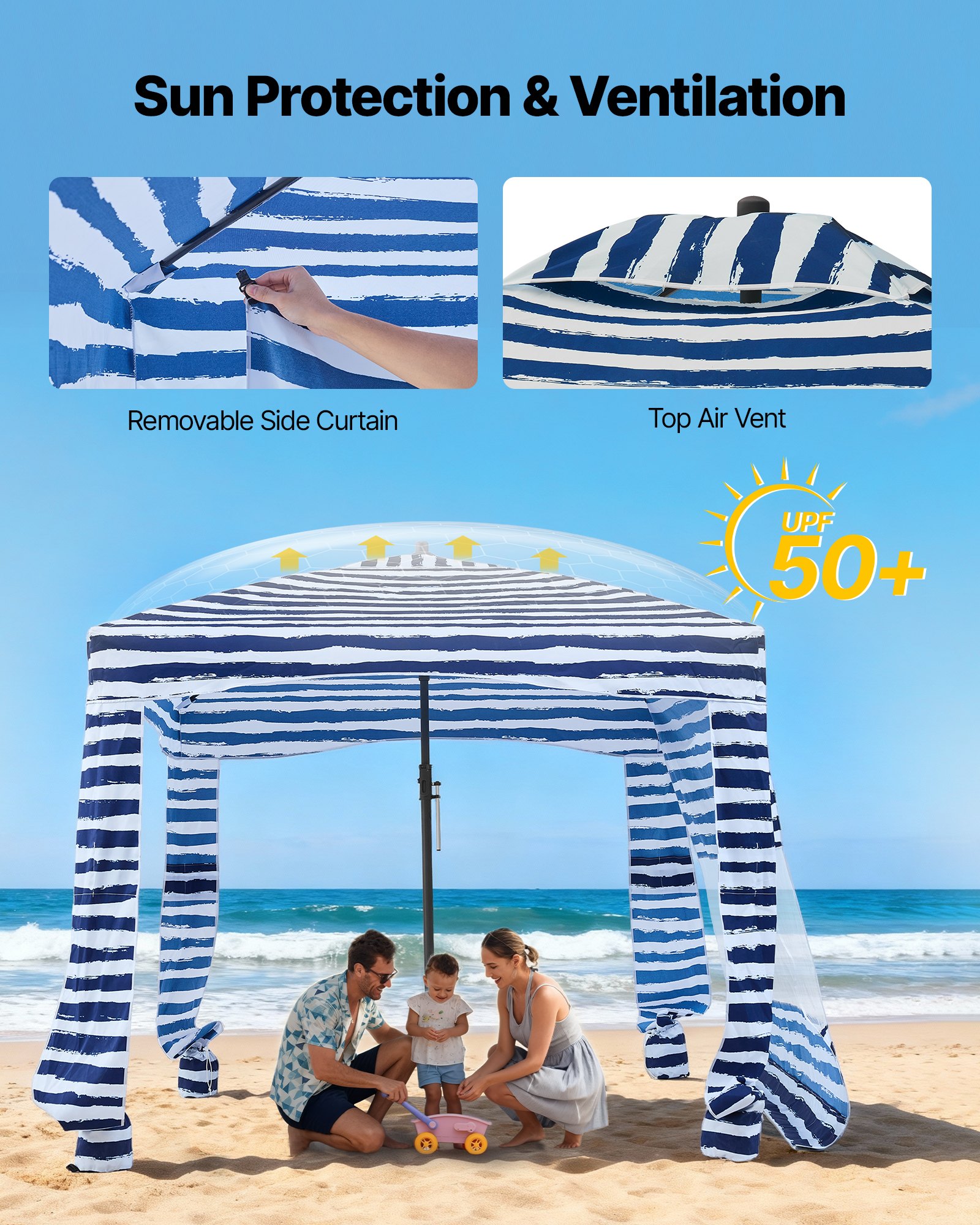 VEVOR Tenda da Spiaggia da 1830 x 1830 x 2290 mm, con Parete Laterale e Tasche per la Sabbia, Ombrellone Parasole Portatile Regolabile in Altezza per Famiglia e Amici, Blu con Striature Bianche