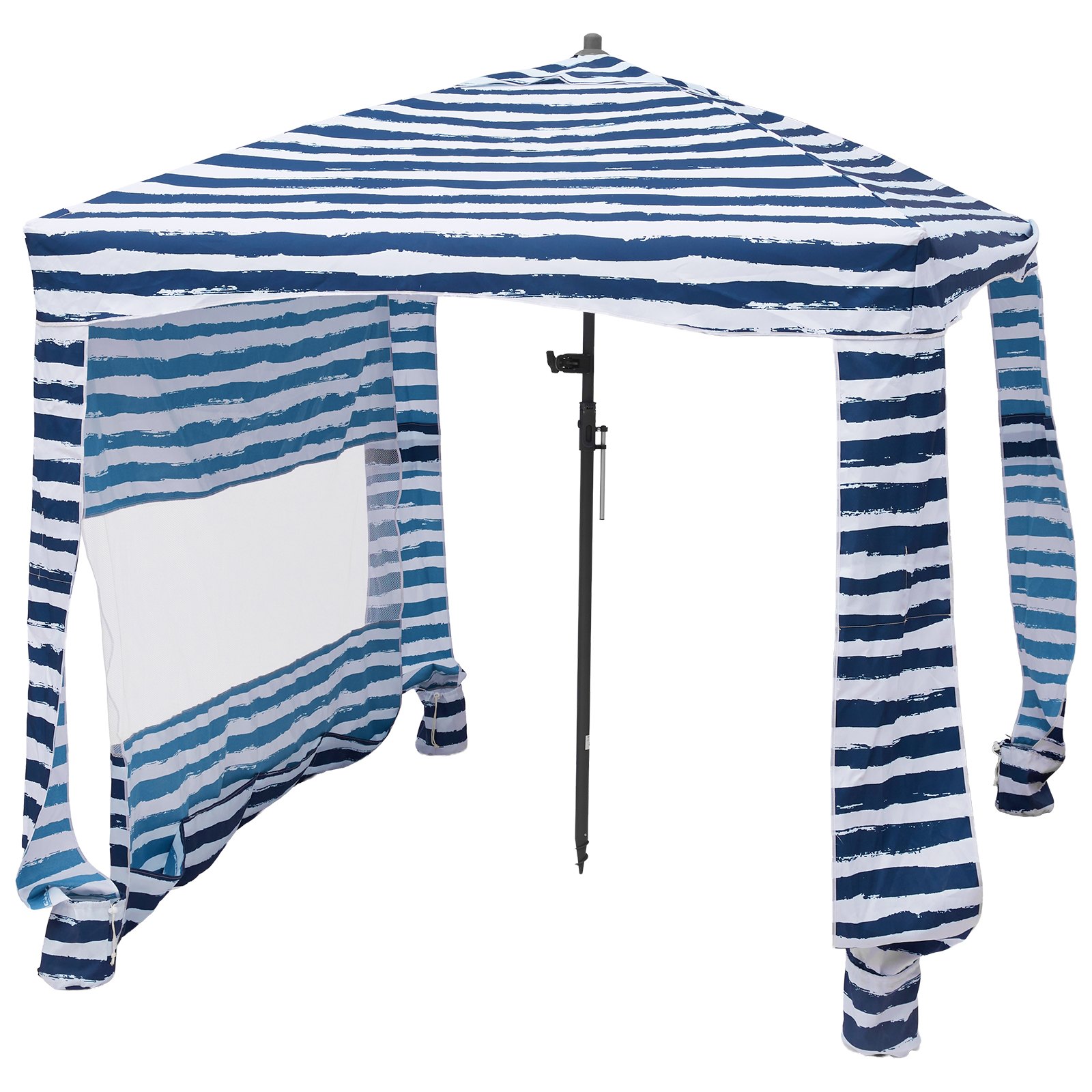 VEVOR Tenda da Spiaggia da 1830 x 1830 x 2290 mm, con Parete Laterale e Tasche per la Sabbia, Ombrellone Parasole Portatile Regolabile in Altezza per Famiglia e Amici, Blu con Striature Bianche