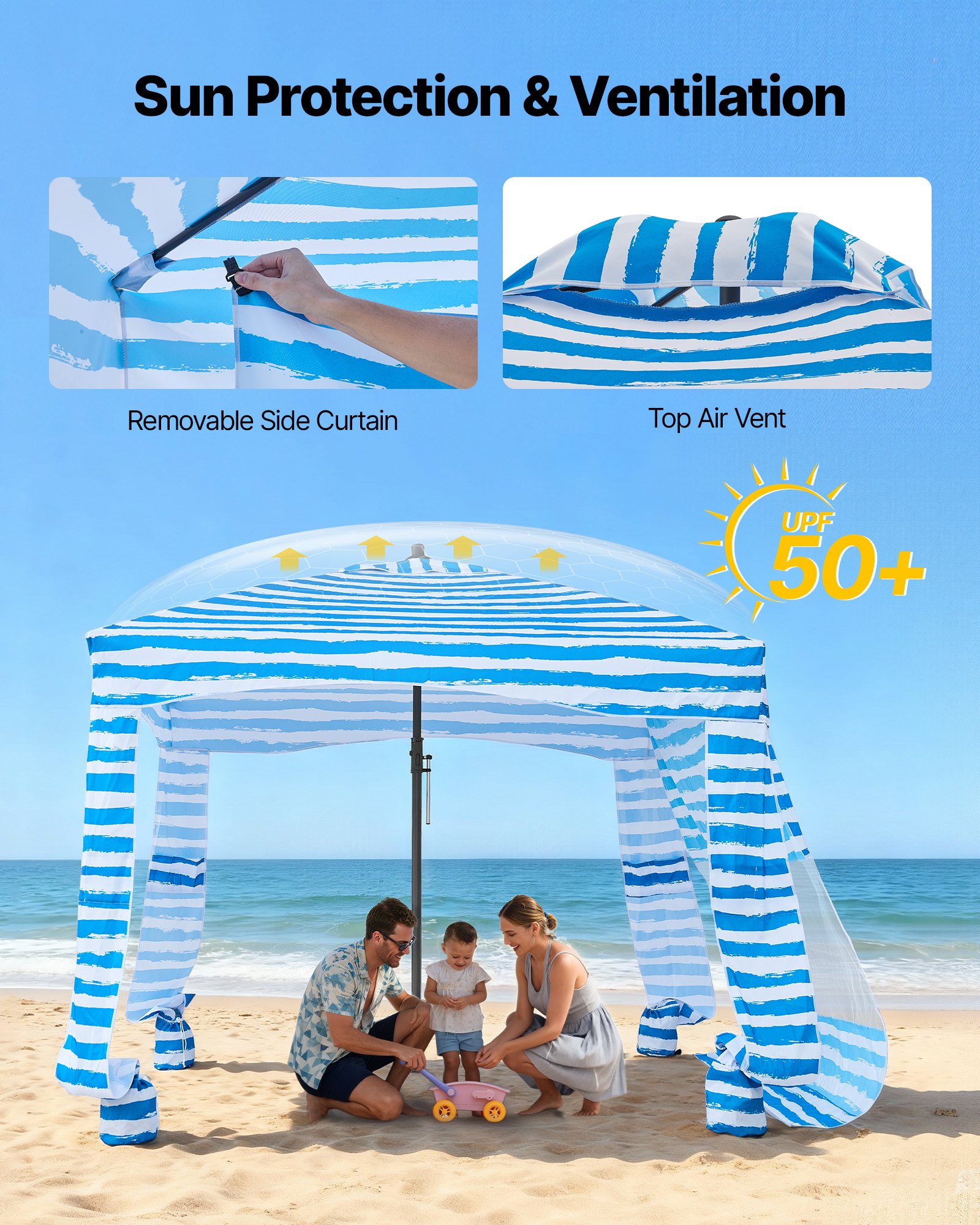 VEVOR Tenda da Spiaggia da 1830 x 1830 x 2290 mm, con Parete Laterale e Tasche per la Sabbia, Ombrellone Parasole Portatile Regolabile in Altezza per Famiglia e Amici, Blu Chiaro Striature Bianche
