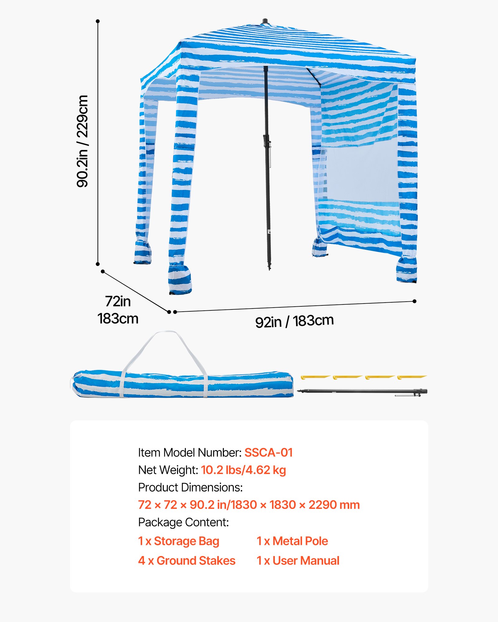 VEVOR Tenda da Spiaggia da 1830 x 1830 x 2290 mm, con Parete Laterale e Tasche per la Sabbia, Ombrellone Parasole Portatile Regolabile in Altezza per Famiglia e Amici, Blu Chiaro Striature Bianche