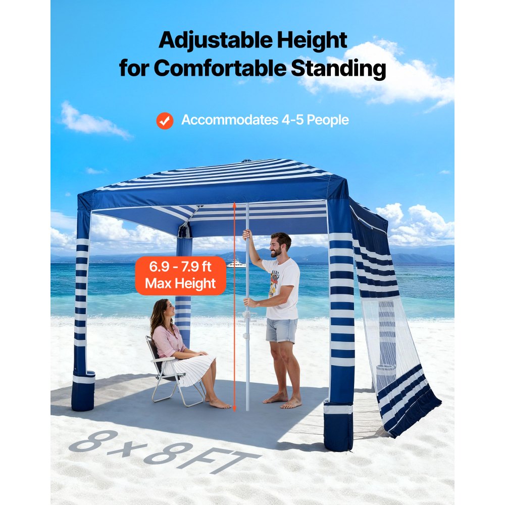 VEVOR Tenda da Spiaggia per Esterno 2438 x 2438 mm con Parete Laterale, Facile da Montare con Tasche per la Sabbia, Ombrellone Parasole Portatile Regolabile in Altezza, Striato Blu Scuro e Bianco