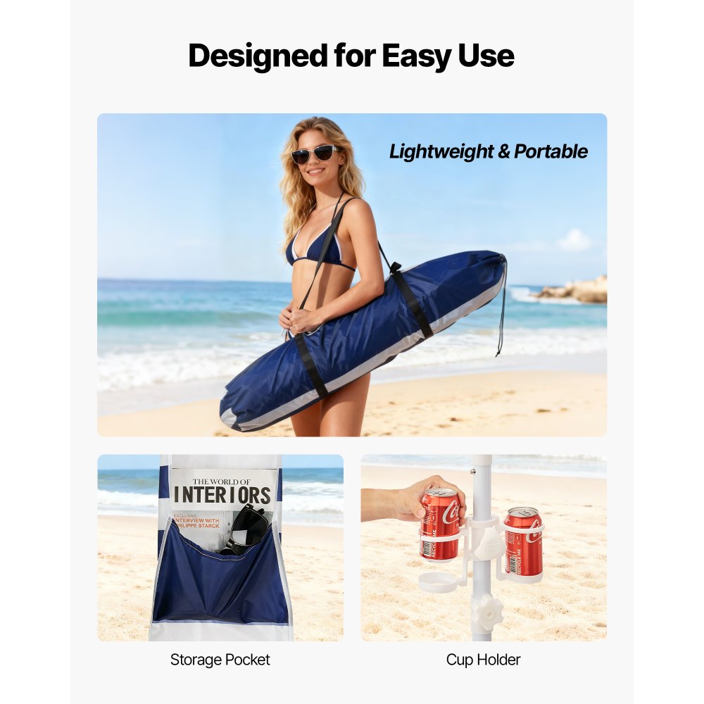 VEVOR Tenda da Spiaggia per Esterno 2438 x 2438 mm con Parete Laterale, Facile da Montare con Tasche per la Sabbia, Ombrellone Parasole Portatile Regolabile in Altezza, Striato Blu Scuro e Bianco