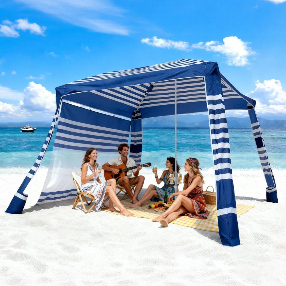 VEVOR Tenda da Spiaggia per Esterno 2438 x 2438 mm con Parete Laterale, Facile da Montare con Tasche per la Sabbia, Ombrellone Parasole Portatile Regolabile in Altezza, Striato Blu Scuro e Bianco
