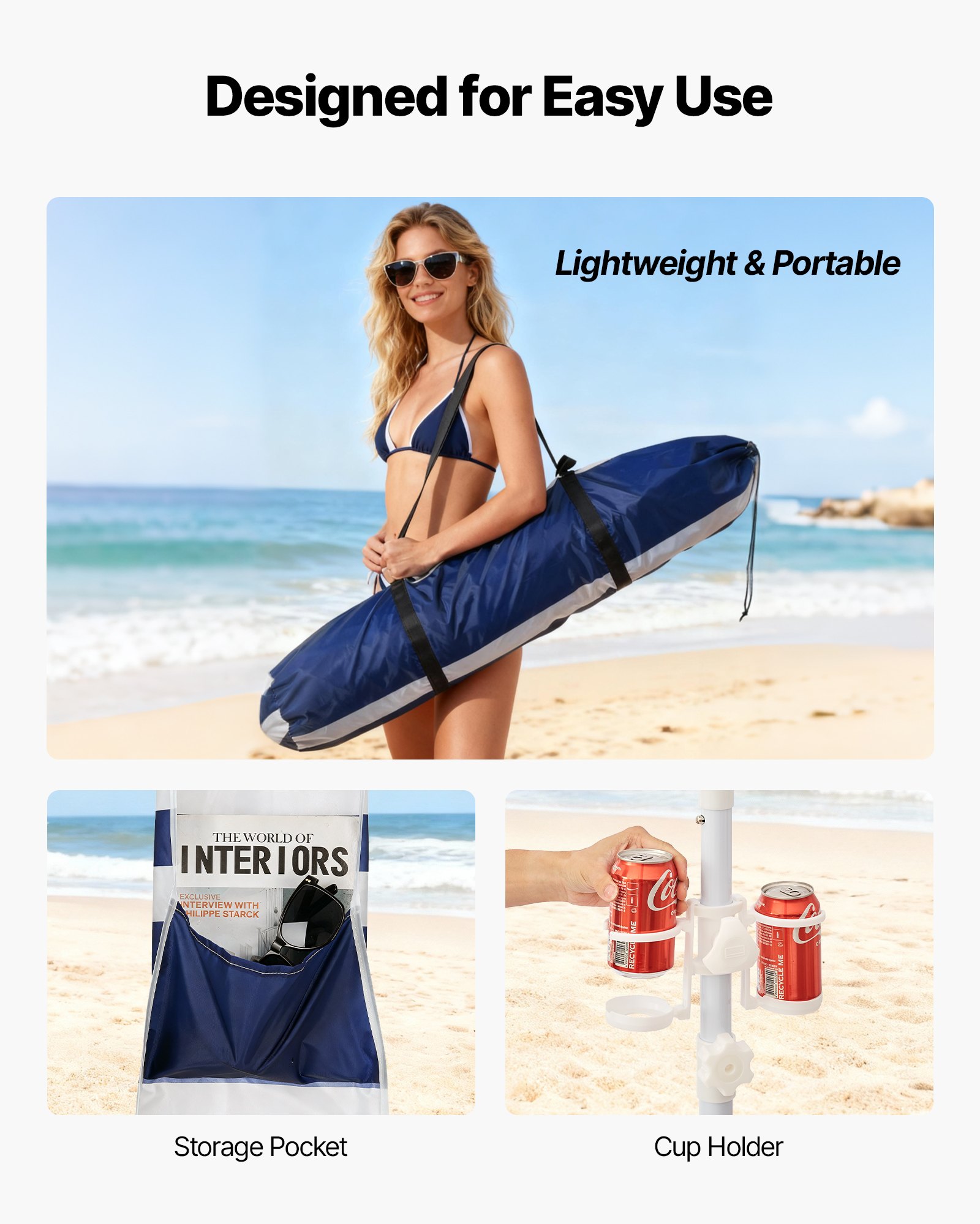 VEVOR Tenda da Spiaggia per Esterno 2438 x 2438 mm con Parete Laterale, Facile da Montare con Tasche per la Sabbia, Ombrellone Parasole Portatile Regolabile in Altezza, Striato Blu Scuro e Bianco