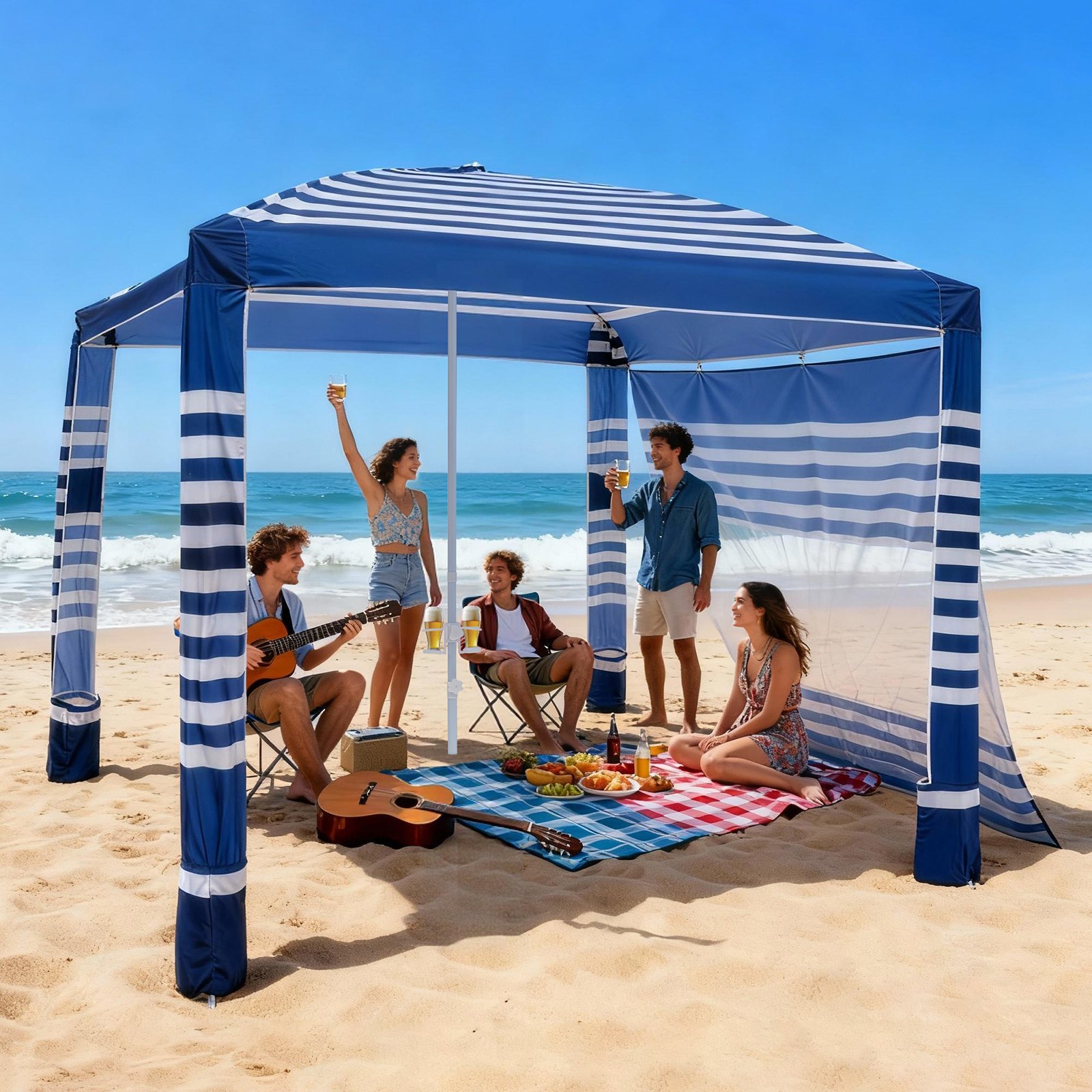 VEVOR Tenda da Spiaggia per Esterno 2438 x 2438 mm con Parete Laterale, Facile da Montare con Tasche per la Sabbia, Ombrellone Parasole Portatile Regolabile in Altezza, Striato Blu Scuro e Bianco
