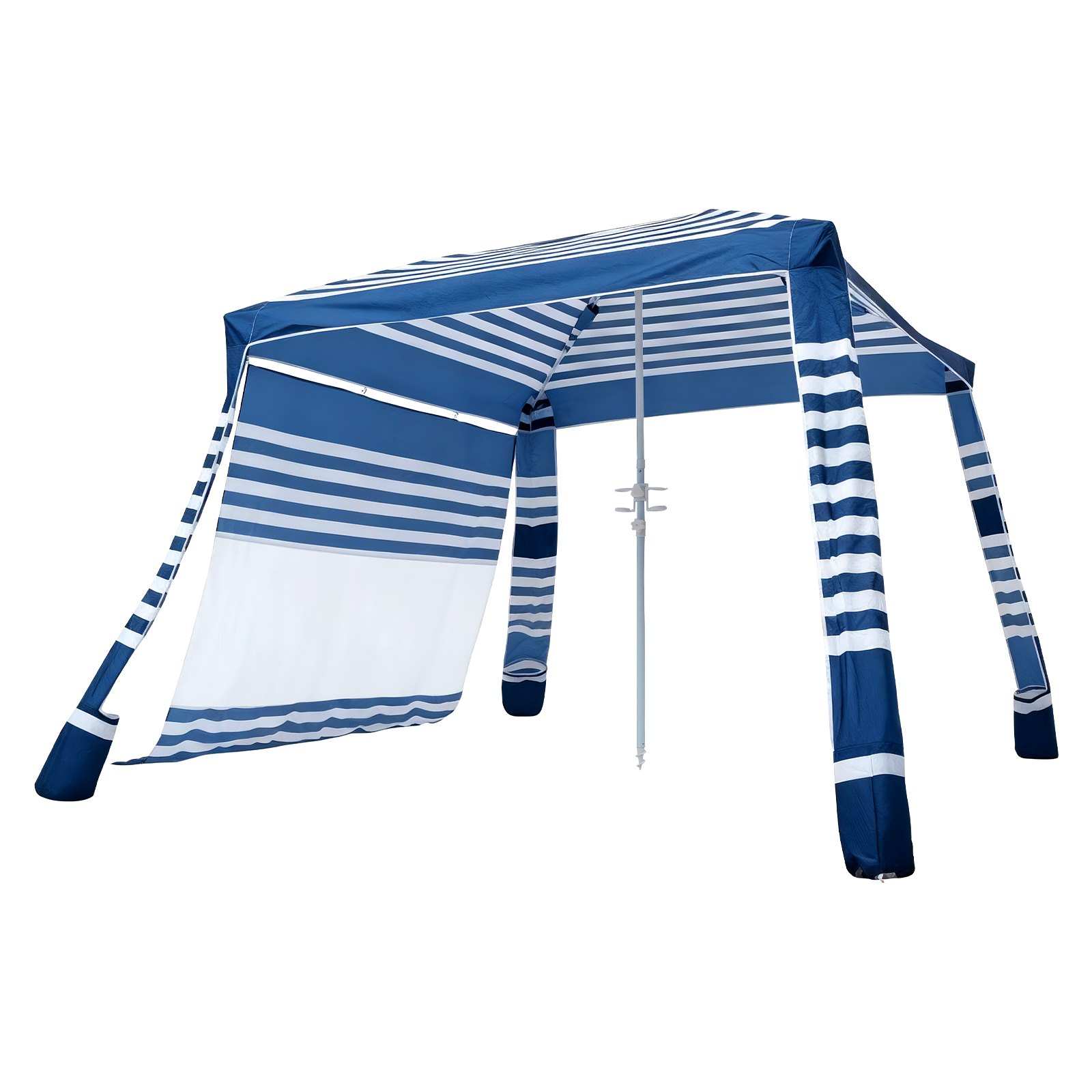VEVOR Tenda da Spiaggia per Esterno 2438 x 2438 mm con Parete Laterale, Facile da Montare con Tasche per la Sabbia, Ombrellone Parasole Portatile Regolabile in Altezza, Striato Blu Scuro e Bianco