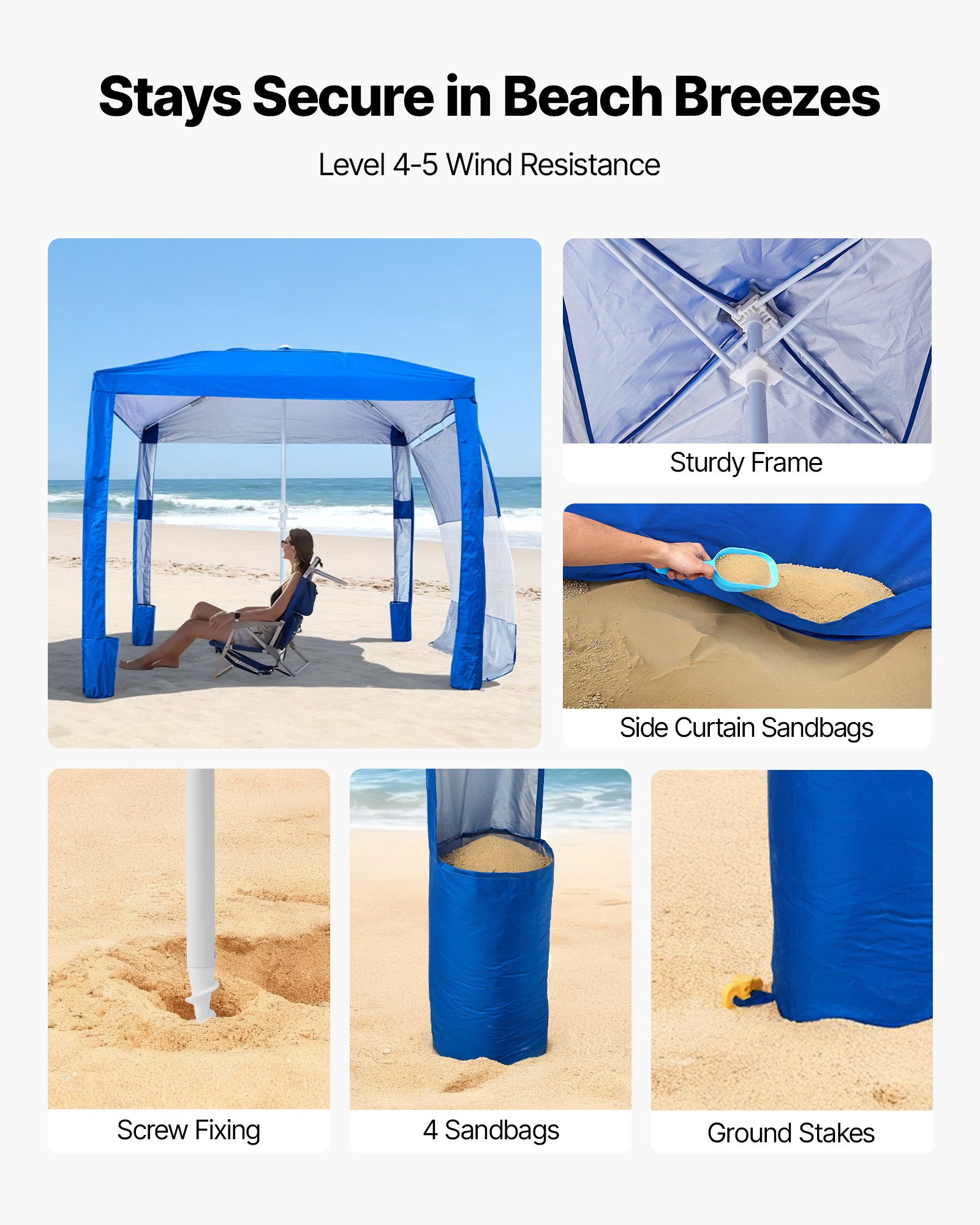 VEVOR Parasole da Spiaggia Portatile 2400 x 2400 x 2400 mm con Parete Laterale e Tasche per la Sabbia, Facile da Montare, Ombrellone Parasole Portatile Regolabile in Altezza per Famiglia, Blu