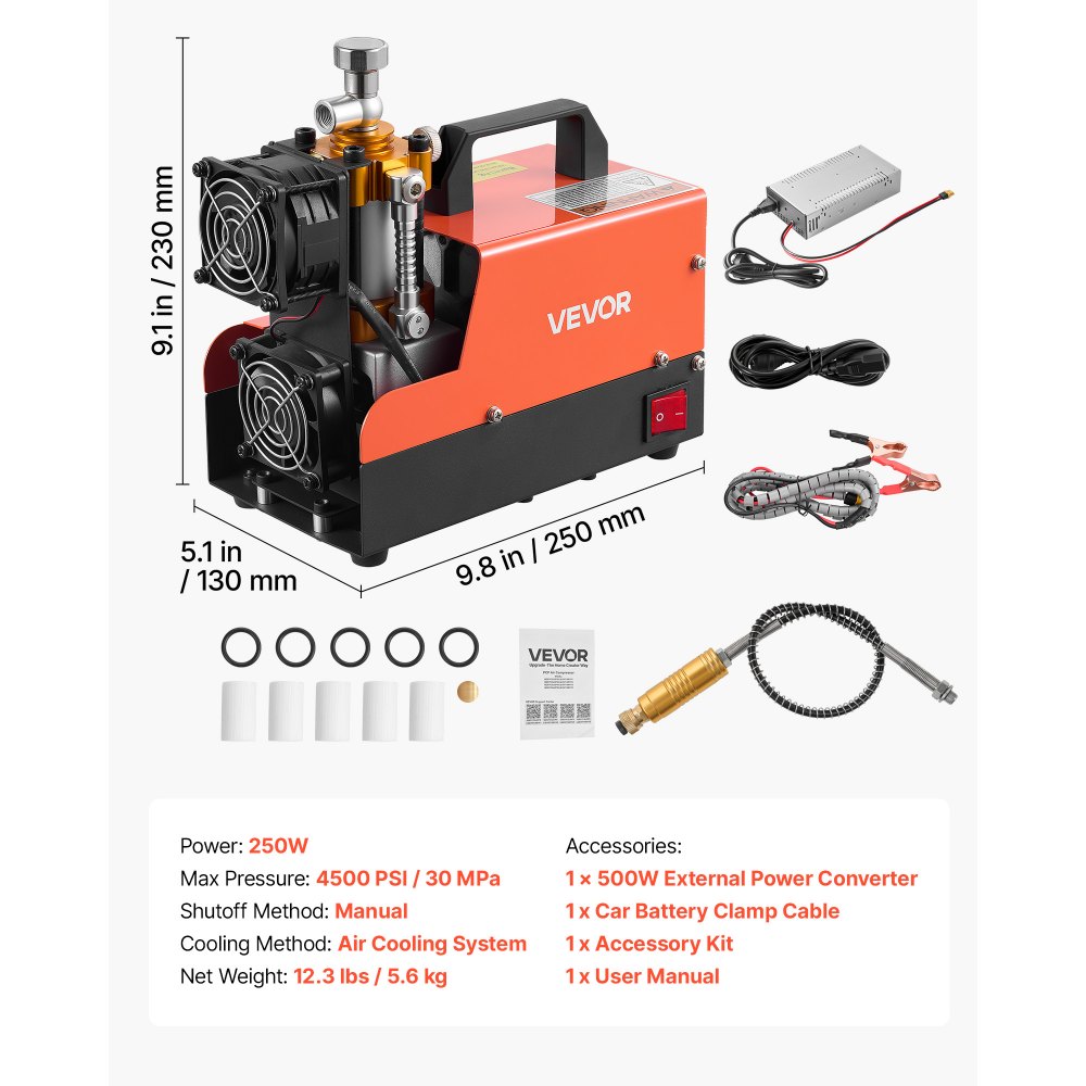 VEVOR Compressore ad Alta Pressione per PCP 4500 PSI 250W CC12V/CA230V, Compressore per Fucili PCP con Convertitore Esterno, Arresto Manuale, Portatile per Paintball, Armi ad Aria Compressa e Bombole