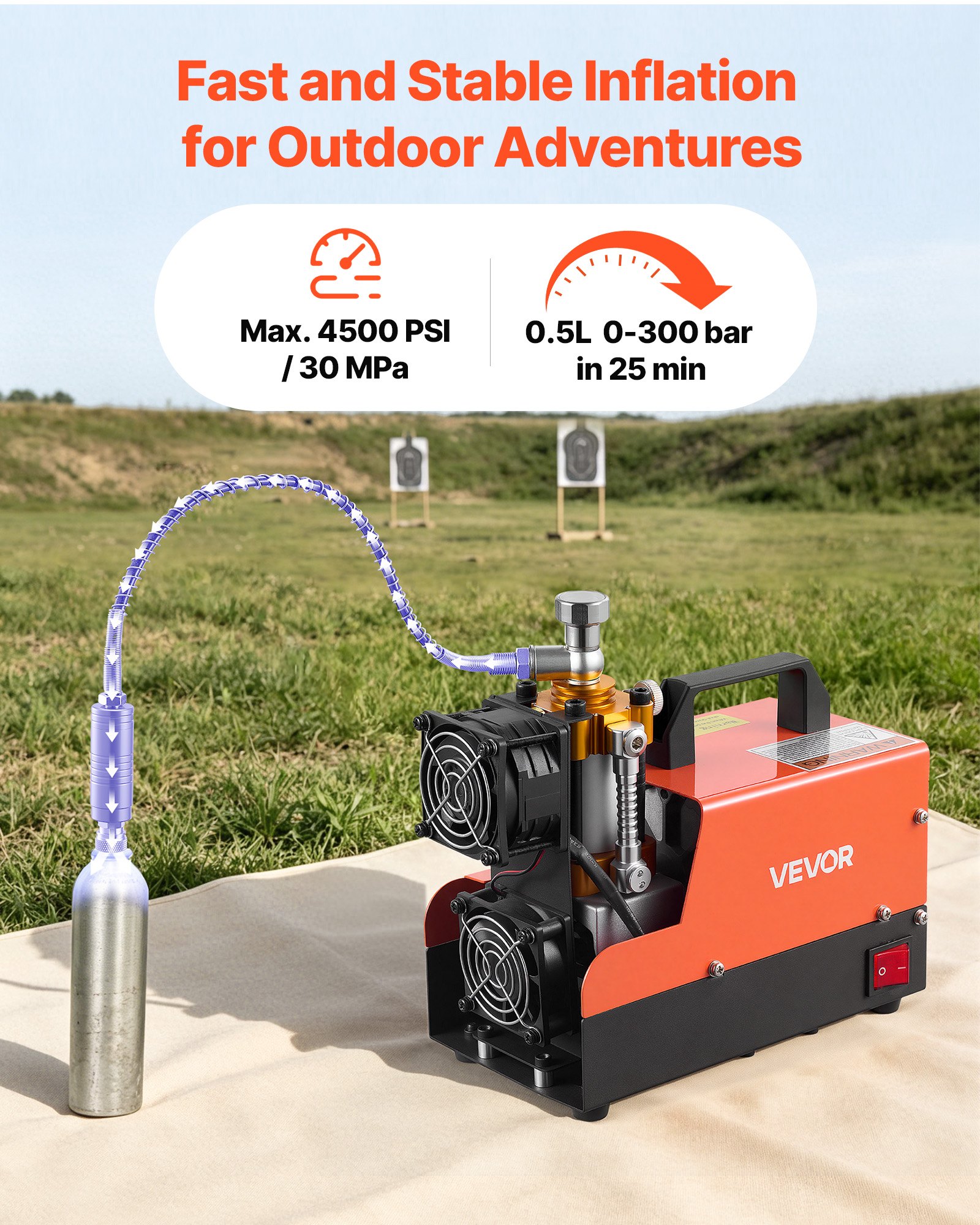 VEVOR Compressore ad Alta Pressione per PCP 4500 PSI 250W CC12V/CA230V, Compressore per Fucili PCP con Convertitore Esterno, Arresto Manuale, Portatile per Paintball, Armi ad Aria Compressa e Bombole