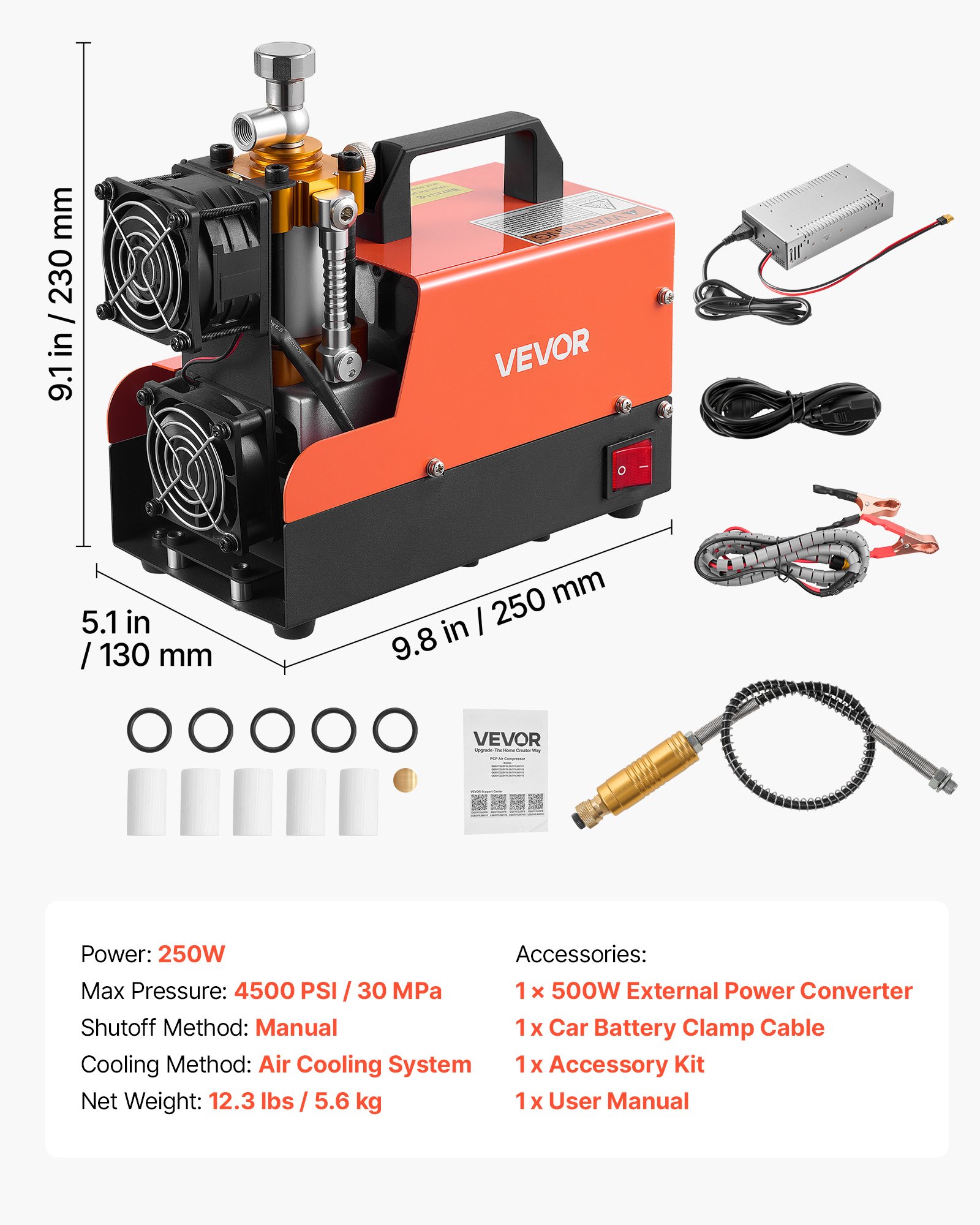 VEVOR Compressore ad Alta Pressione per PCP 4500 PSI 250W CC12V/CA230V, Compressore per Fucili PCP con Convertitore Esterno, Arresto Manuale, Portatile per Paintball, Armi ad Aria Compressa e Bombole