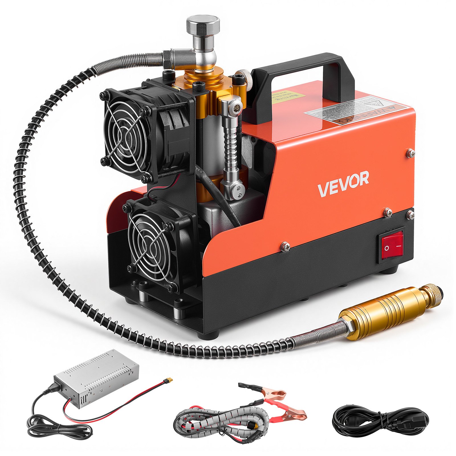 VEVOR Compressore ad Alta Pressione per PCP 4500 PSI 250W CC12V/CA230V, Compressore per Fucili PCP con Convertitore Esterno, Arresto Manuale, Portatile per Paintball, Armi ad Aria Compressa e Bombole
