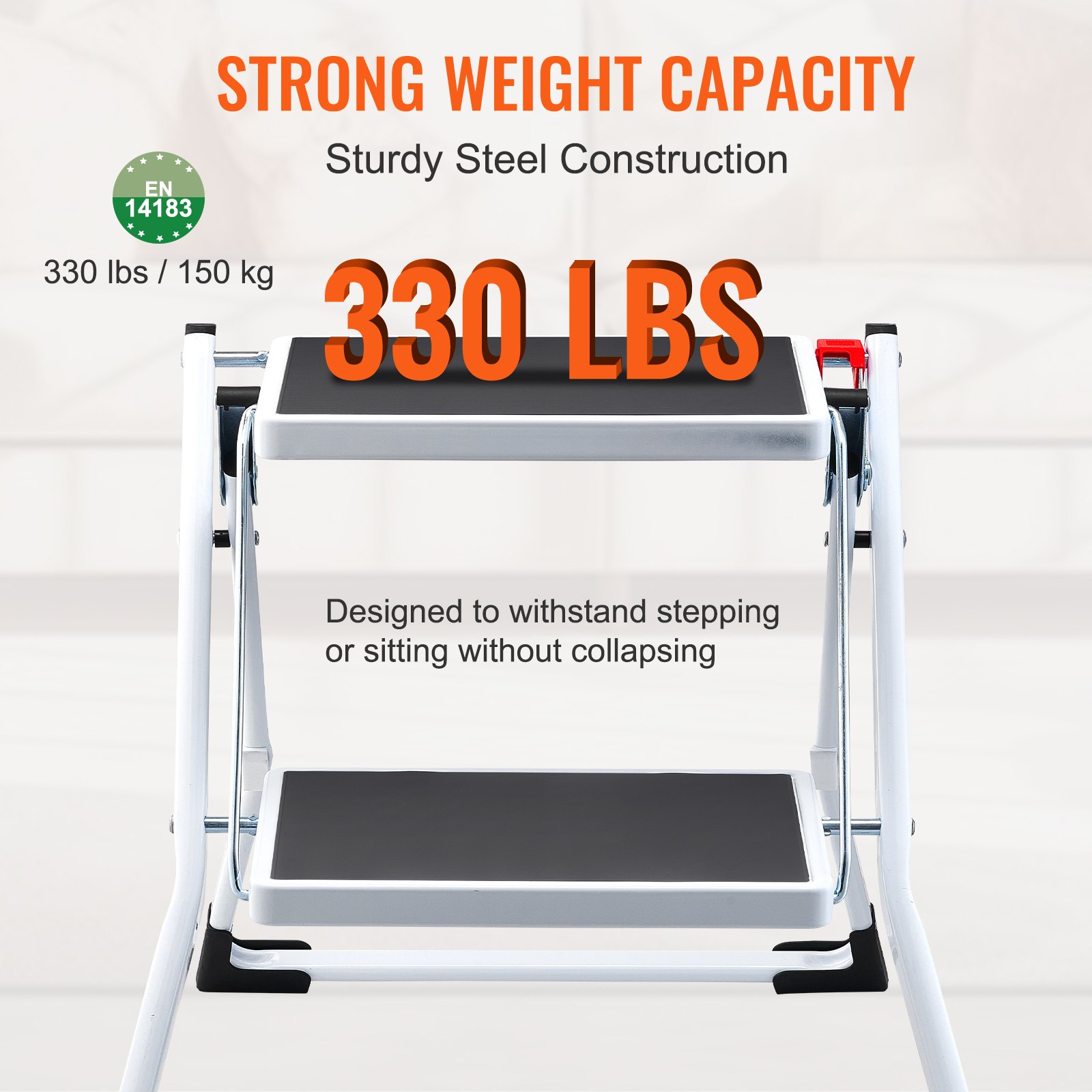 VEVOR Household Ladder 500x480x450mm Folding Steel Step Ladder 2 Steps 150kg Load Capacity Folding Step Stool Double Step Ladder 445mm High Kitchen Ladder Non-Slip Step Stool