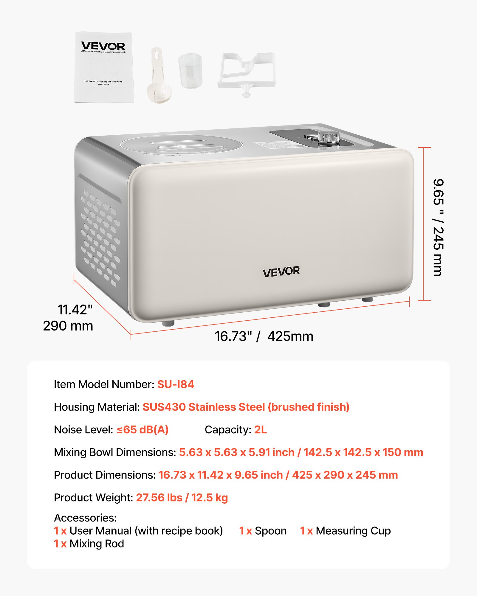 VEVOR Automatic Ice Cream Maker with Built-in Compressor, 2L No Pre-freezing Gelato Maker, Electric Sorbet-Maker, 3 Modes Compressor Ice Cream Machine for Home Kitchen