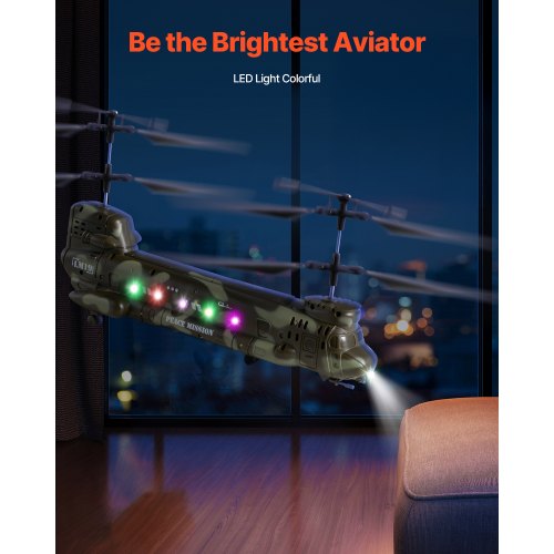 Elicottero Militare RC 3.5 Canali Con LED, 2.4 GHz, 50m, 2 Batterie 500mAh - Giocattolo Per Bambini 8+ Anni (verde)