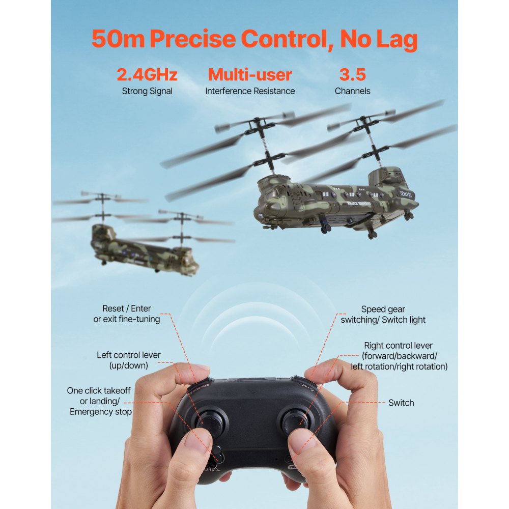 VEVOR Elicottero Telecomandato Elicottero RC da 2,4 GHz, Aereo RC a 3,5 Canali Giocattolo per Bambini, Autonomia di Volo da 20 Minuti, Decollo/Atterraggio, Luci LED, Aereo Giocattolo