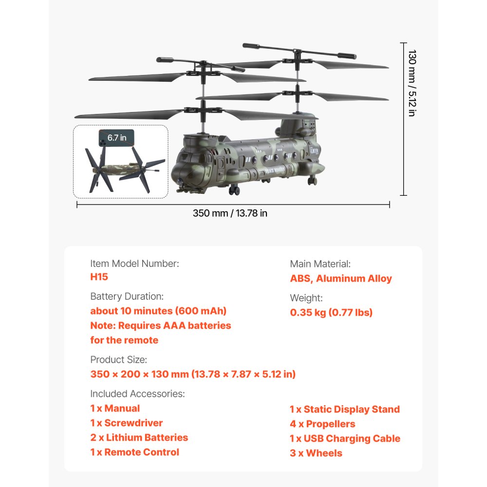 VEVOR Elicottero Telecomandato Elicottero RC da 2,4 GHz, Aereo RC a 3,5 Canali Giocattolo per Bambini, Autonomia di Volo da 20 Minuti, Decollo/Atterraggio, Luci LED, Aereo Giocattolo