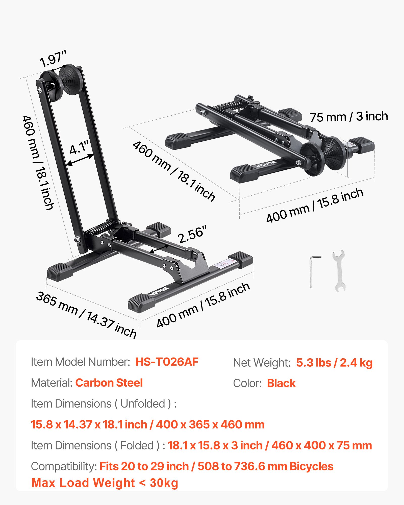 VEVOR Supporto da Pavimento per Bicicletta, per Bicicletta da Montagna e Bici da Corsa da 508 a 736,6 mm Portabici da Pavimento in Lega di Acciaio Resistente alla Ruggine, Pieghevole, 1 Pezzo, Nero