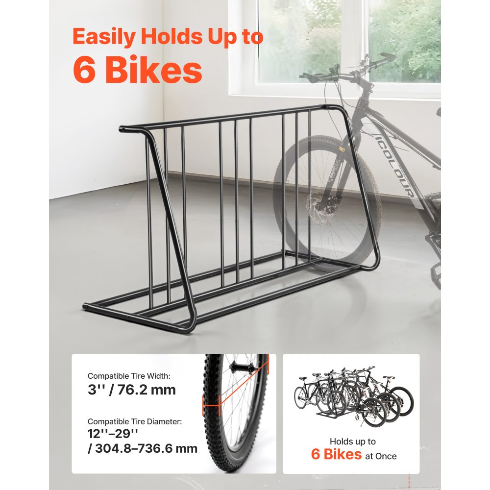 VEVOR Bike Rack, Fits Tire Width 3 Inch/76.2 mm, Carbon Steel Double-Sided Grid Bike Rack Stand, Freestanding Bicycle Storage Holder for Curbside, Garage, Indoor, Outdoor Parking, 6-Bicycle Capacity