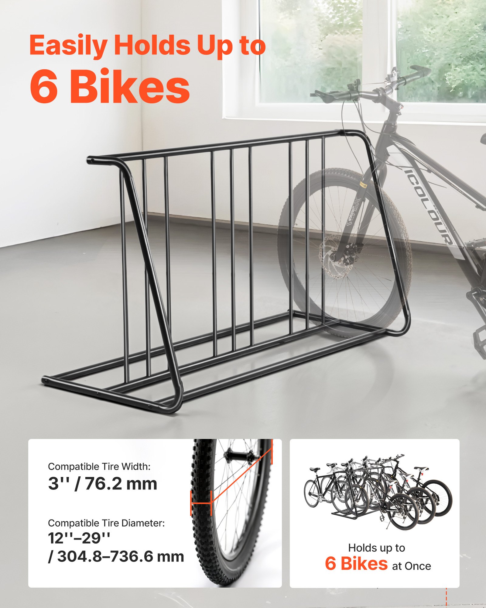 VEVOR Supporto da Pavimento per Bicicletta, per Pneumatici da 76,2 mm, Supporto per Bici con Griglia Bifacciale in Acciaio al Carbonio, per Garage, Interno ed Esterno, Capacità 6 Biciclette