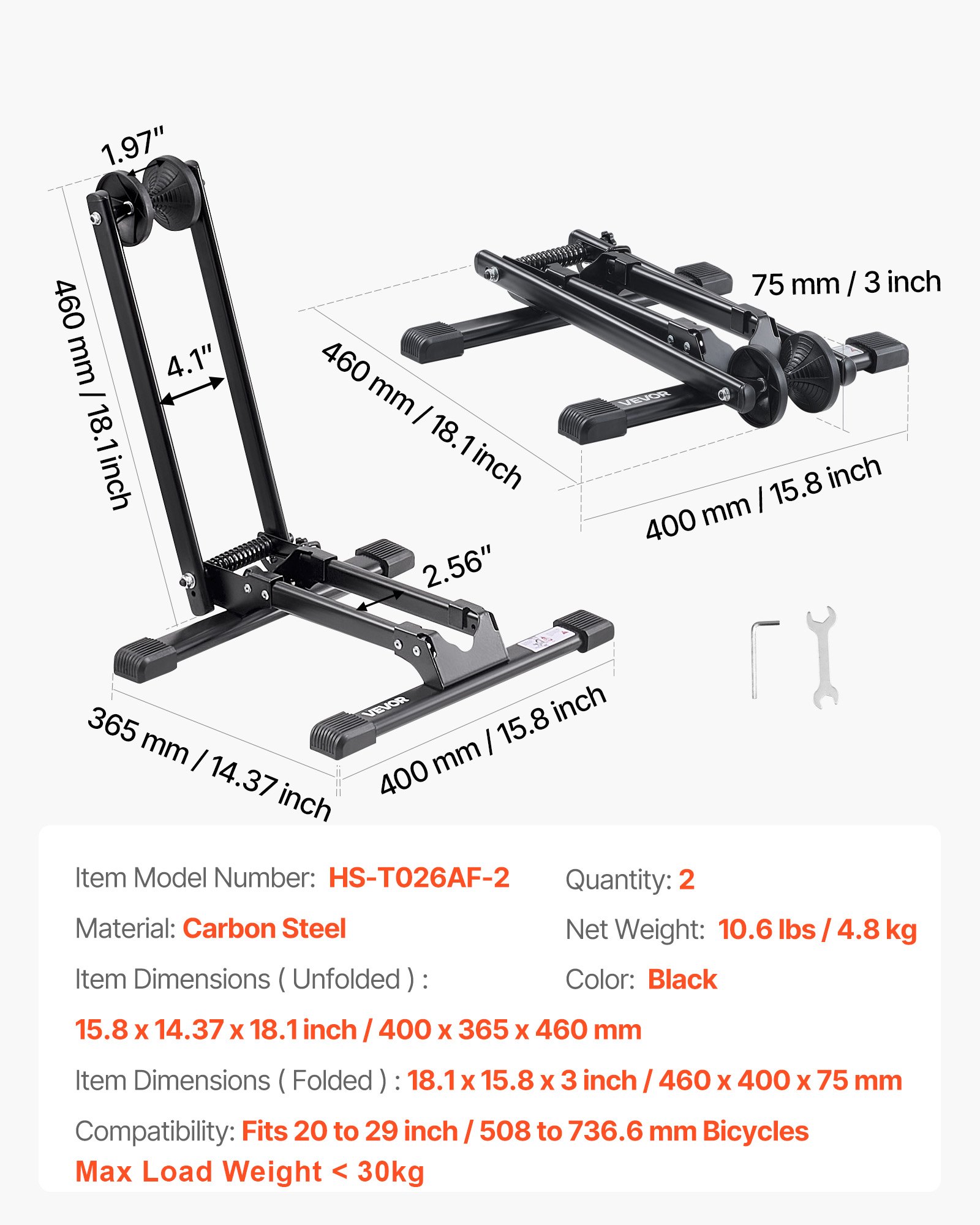 VEVOR Supporto da Pavimento per Bicicletta, per Bicicletta da Montagna e Bici da Corsa da 508 a 736,6 mm Portabici da Pavimento in Lega di Acciaio Resistente alla Ruggine, Pieghevole, 2 Pezzi, Nero