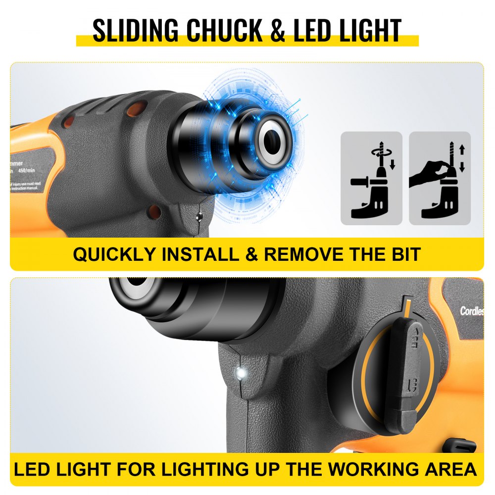 VEVOR Trapano Avvitatore Batteria a Percussione, 18V Avvitatore a Batteria, Velocità 900 giri/min Trapano Elettrico con Percussione, 450 bpm Trapano Avvitatore a Percussione Brushless, Giallo+Nero